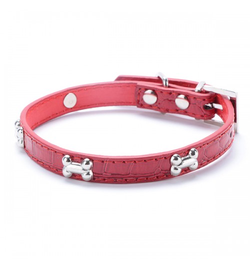 INVET - Pet Small Dogs Bone Buckle Candy Color Pu Leather Collar Red